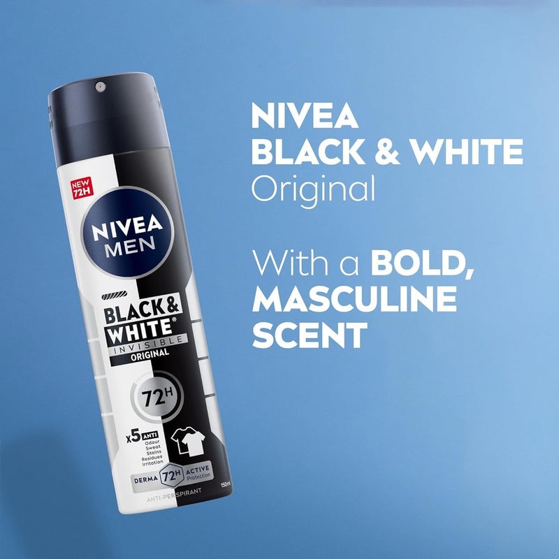 NIVEA MEN Antiperspirant Spray, Black & White Invisible Protection Original, 3x150ml - Image 3
